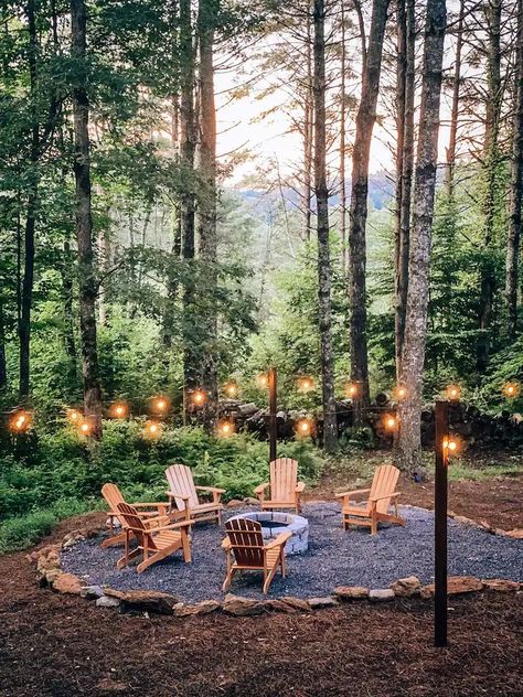 Airbnb Yard Ideas, House In Woods Landscaping, Outdoor Fire Pit In Wooded Area, House In The Woods Landscaping, Forest Fire Pit, Wildlife Friendly Backyard, Outdoor Fire Pit Ideas Lakeside, Cabin Outdoor Ideas, Cabin Landscaping Ideas