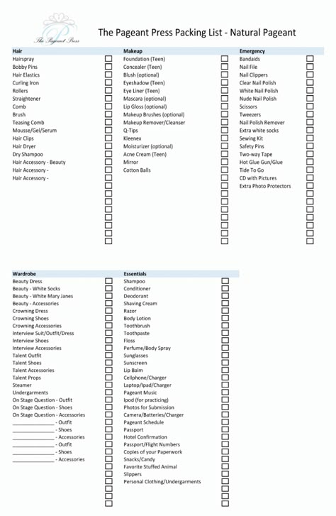 Packing for a pageant can be quite a task and I've seen many times people forgetting something. The Pageant Press created your ultimate pageant packing lists for each pageant category, so you never... Natural Pageant Hair, Pageant Checklist, Pageant Hair And Makeup, Natural Pageant, Pageant Interview Outfit, Pageant Questions, National American Miss, Pageant Prep, Pageant Mom