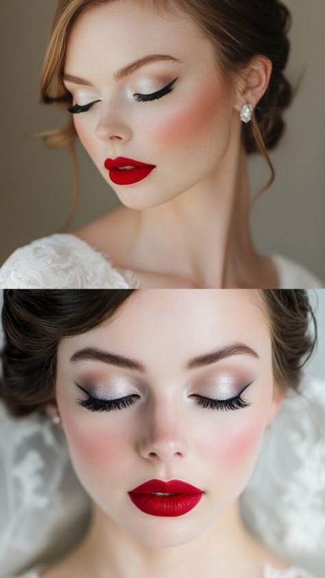 White Christmas Makeup Ideas, Bridal Make Up Red Lip, Christmas Wedding Makeup Brides, Bridal Makeup For Brown Eyes Winter, Winter Wedding Makeup Looks, Winter Bridal Makeup Brown Eyes, Red Lip Makeup Look Glam, Unique Bridal Makeup, Bridal Makeup With Red Lips