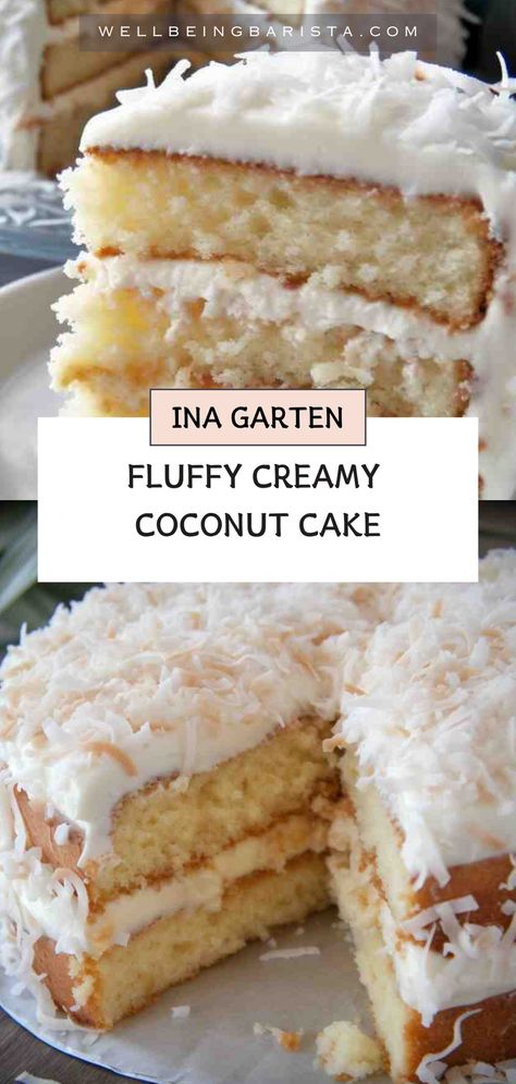 Indulge in this Easy Coconut Cake masterpiece featuring layers of moist coconut-infused sponge, and filled by a luscious cream cheese frosting and a generous sprinkling of shredded coconut. With a hint of almond extract and vanilla, it is a sweet indulgence that will leave a lasting impression. Pure bliss with every forkful! #InaGarten #CoconutCake #DessertDelight #SweetIndulgence Ina Garten Coconut Cake, Moist Coconut Cake, Coconut Layer Cake, Coconut Cake Recipe, White Cake Recipe, Healthy Meals For One, Cake And Cupcakes, Healthy Meals For Two, Lunch Recipes Healthy