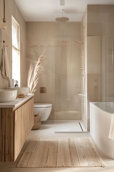 Small Neutral Shower Room, Light Airy Bathroom Ideas, Zen Washroom, Light Bathroom Aesthetic, Beige Aesthetic Bathroom, Wrapped Bathroom, Minimalistic Bathroom Design, Modern Minimalist Small Bathroom, Bathroom Design 2024