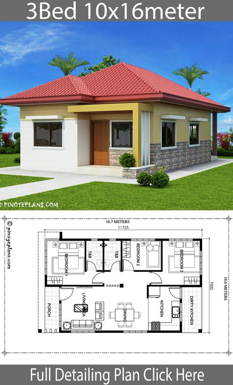 Home Design 10x16m With 3 Bedrooms - Home Ideas 204 Two Bedroom House Plan, Flat House Design, Floor Planning, Mobile Code, Bungalow Style House, Three Bedroom House Plan, Bungalow Style House Plans, Affordable House Plans, Gypsum Ceiling