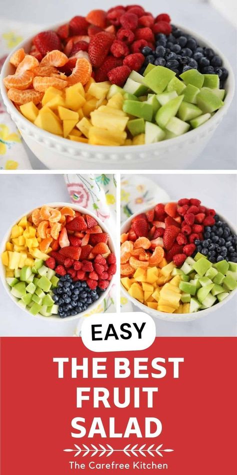 This is an easy rainbow Fruit Salad recipe that combines your favorite fruits with a light citrus glaze dressing. It’s a perfect warm weather side dish or healthy dessert that both adults and kids love. #thecarefreekitchen #fruit #salad #rainbowfruitsalad #healthy #dessert #sidedish Barbecue Grill Recipes, Rainbow Fruit Salad, Healthy Fruit Salad Recipes, Citrus Fruit Salad, Breakfast Ideas Brunch, Fruit Charcuterie, Fruit Salad Ingredients, Citrus Glaze, Potluck Salad