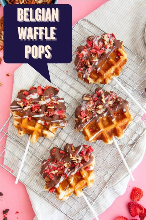 Belgian Waffles dipped in chocolate and topped with white chocolate, nuts and dried berries. Waffle Pops Toppings, Chocolate Dipped Waffles, Waffle Pops Ideas, Waffle Pops Recipe, Waffle Popsicle, Fancy Waffles, Waffle Bar Ideas, Waffles Belgian, Waffle Sandwich Breakfast