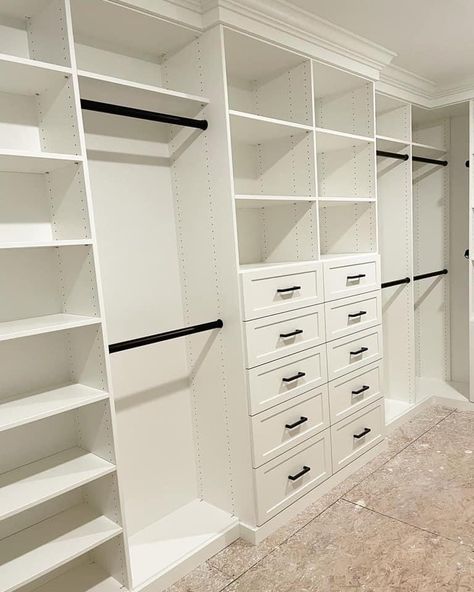 Walk In Closet Ideas For Him And Her, Master Closet Measurements, One Wall Walk In Closet, Master Walk In Closet Shoe Storage, Closet Designs Long Narrow, Primary Closet Layout, Master Closet With Built Ins, Built In Shelving Closet, Master Closet With Vanity Makeup Tables