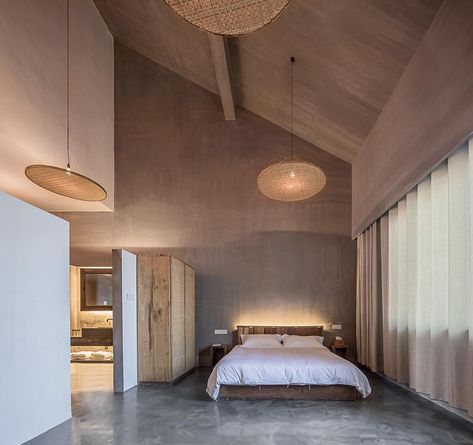 Light & Shadow In the double-height space with pitched roof ceiling, the architect explores the relationship between space and nature… Pitched Roof Interior, Pitched Roof Bedroom, Interiors Minimalist, Rattan Weaving, Roof Ceiling, Interior Design Student, Light For Dining Room, Rattan Lamp, Space Bedroom