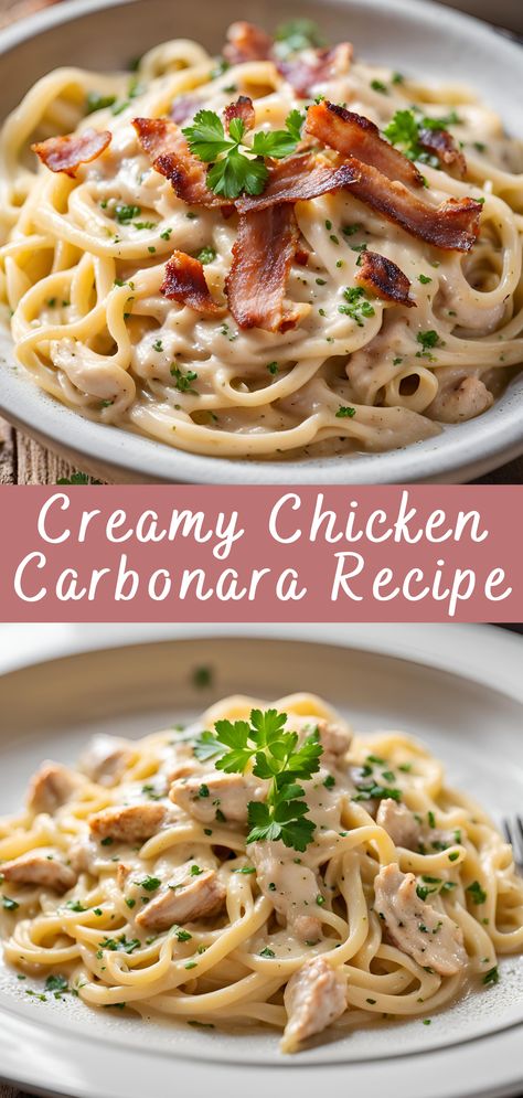 Creamy Chicken Carbonara Recipe | Cheff Recipes Cooking Recipes Italian, Pasta Carbonara With Chicken, Carbonara Pasta Without Bacon, Easy Yummy Chicken Dinners, Chicken Bacon Carbonara Pasta Easy, Cream Carbonara Recipe, Italian Weeknight Dinner, Chicken Carbonara Pasta Recipe, Carbonara Pasta With Bacon