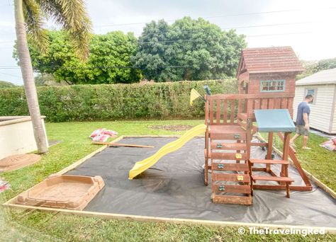 BACKYARD PLAYGROUND AT HOME – HOW TO BUILD IT Sandbox Around Playset, Diy Play Yard Backyard Ideas, Backyard Playground With Sand, Playhouse With Sandbox Beside, Simple Backyard Playground, Easy Diy Outside Play Area, Backyard Layout With Pool And Playground, Small Backyard With Playset, Small Backyard With Playground