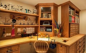 Fly Fishing Room, Fishing Man Cave, Fly Tying Station, Traditional Basement, Fly Tying Bench, Fly Tying Desk, Material Storage, Fishing Room, Hunting Room