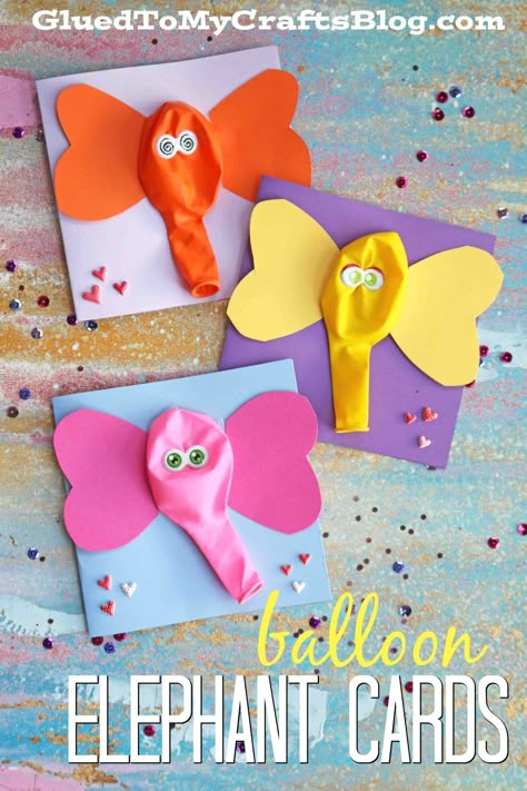 Silly and simple balloon elephant cards! A great craft for kids this summer! Balloon Elephant, Elephant Cards, Its A Boy Balloons, Diy Balloon, Crafts For Boys, Kraf Diy, Balloon Diy, Card Tutorial, Childrens Crafts