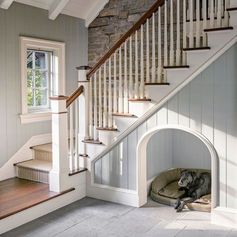 Dog Room Design, Under Stairs Dog House, Colonial Renovation, Stair Nook, Under Stair, Dog Spaces, Under The Stairs, Dog Rooms, Cottage Interiors