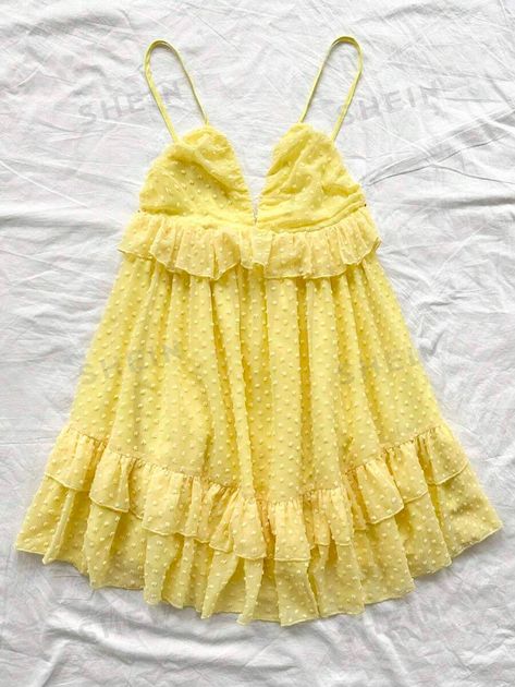 SHEIN WYWH WYWH Women Summer Vacation Dress, A Romantic Countryside Yellow Polka Dot Texture With Frilled Edges And Pleats Splicing Skirt Hemline, Loose Fit With Spaghetti Straps And Open Back, Perfect For A Romantic Wedding Season. | SHEIN USA Summer Vacation Dress, Dot Texture, Vacation Dress, Yellow Polka Dot, Dress For Short Women, Vacation Dresses, Yellow Dress, Romantic Wedding, Wedding Season