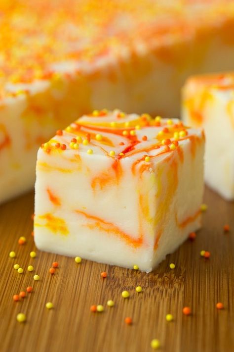 Candy Corn Swirled Fudge - thecafesucrefarine.com Impressive Fall Desserts, Carnevil Halloween Party, Candy Corn Fudge Recipe, Fall Fudge, Candy Corn Recipes, Carnevil Halloween, Candy Corn Desserts, Candy Corn Recipe, Pear Galette