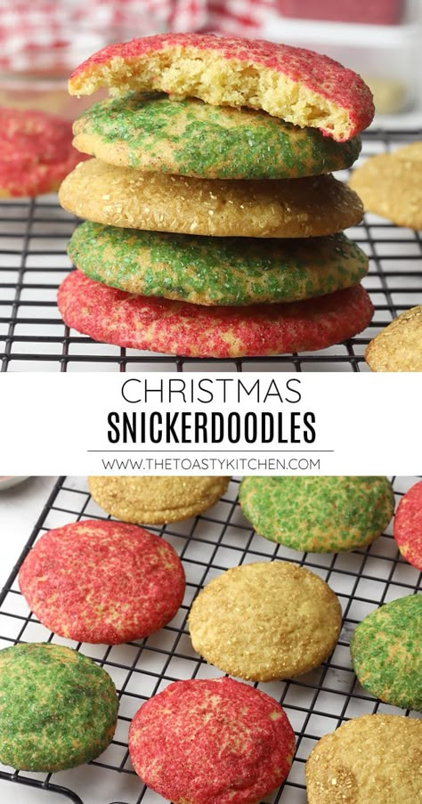 Christmas snickerdoodles recipe by The Toasty Kitchen. Snickerdoodle cookies are dressed up for the holidays in red, green, and gold sprinkles. Christmas snickerdoodles are soft and chewy, with a subtle tangy flavor and cinnamon sugar crust. #snickerdoodles #christmas #christmassnickerdoodles #cookies #cinnamon #holidaycookies #cookiesforsanta #dessert #cookierecipe #recipe Christmas Snickerdoodles, Sprinkle Cookies Christmas, Christmas Themed Drinks, Christmas Casseroles, Snickerdoodles Recipe, Cookies Cinnamon, Christmas Cookie Recipes Holiday, Christmas Food Treats, Appetizers Christmas