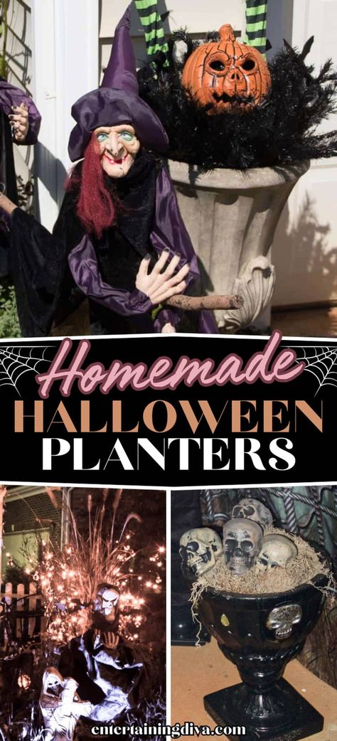 How to Create Spooky Halloween Planters Spooky Planter Diy, Halloween Flower Pot Ideas, Halloween Urn Planter Ideas, Halloween Planter Ideas, Halloween Planters, Halloween Addition, Fun Planters, Halloween Board, Pumpkin Planter