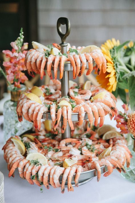 A Beach Wedding in the Rain: Celia Rowlson-Hall and Mia Lidofsky’s Magical North Fork Ceremony Appetizer Menu For Wedding, Shrimp Wedding Appetizers, Bar Food Wedding Receptions, 3 Tier Appetizer Ideas, Food For Beach Wedding, Beach Wedding Dinner Ideas, Seafood Bridal Shower Ideas, Shrimps Wedding, Beach Wedding Reception Ideas Table Decorations