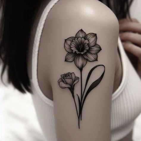 77 Refreshing Ideas For Daffodil Tattoos That Bring A Whole Different – Tattoo Inspired Apparel Flower Tattoo Daffodil, Daffodil Black And White, Tattoo Daffodil, Growth And Evolution, Daffodil Tattoo, March Birth Flowers, Birth Flower Tattoos, Yellow Daffodils, Different Tattoos