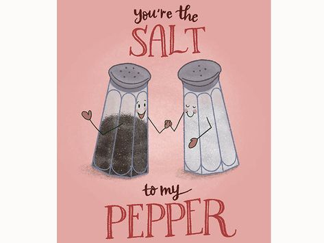 Salt And Pepper Illustration, Salt And Pepper Drawing, Cook Illustration, Chef Tattoo, Valentines Illustration, Valentine Art, Love Puns, Cards Valentines, Unique Illustration