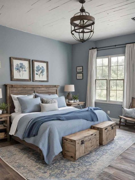 15  Cozy Farmhouse Bedroom Ideas & Inspiration (With Pics) Blue Grey Wood Bedroom, Guest Bedroom Country Farmhouse Style, Guest Bedroom Ideas Blue And Grey, Blue Gray Guest Bedroom, Blue Couple Bedroom, Farmhouse Bedroom Grey Walls, Master Bedrooms Decor Blue Walls, Dusty Blue Master Bedrooms Decor, Farmhouse Bedroom Ideas For Small Rooms