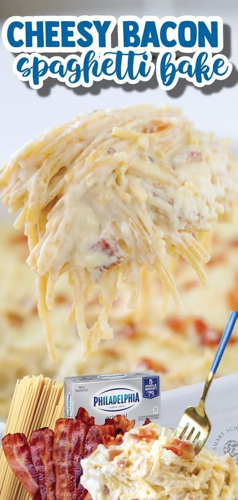 Smart School House has incredibly rich and decadent bacon cream cheese spaghetti. It is a delicious pasta recipe loaded with bacon and an addicting cream cheese sauce! Then, bake it to perfection. Enjoy this easy and delicious casserole for your next dinner. Cream Cheese Pasta Sauce, Bacon Spaghetti, Cream Cheese Spaghetti, Spaghetti Bake, Baked Cream Cheese Spaghetti, Cream Cheese Pasta, Baked Spaghetti Recipe, Cream Cheese Sauce, Smart School House