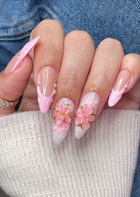 Pink and white 3d nail inspo for summer Nail Ideas 3d Art, Nails With 3d Gel, Nail Inspo Acrylic 3d Flowers, Nails With 3d Designs, Hawaii Nail Ideas, Almond Nails Designs Pink, Almond Nails Floral, Nail For Summer 2024, 3d Nail Designs Flowers