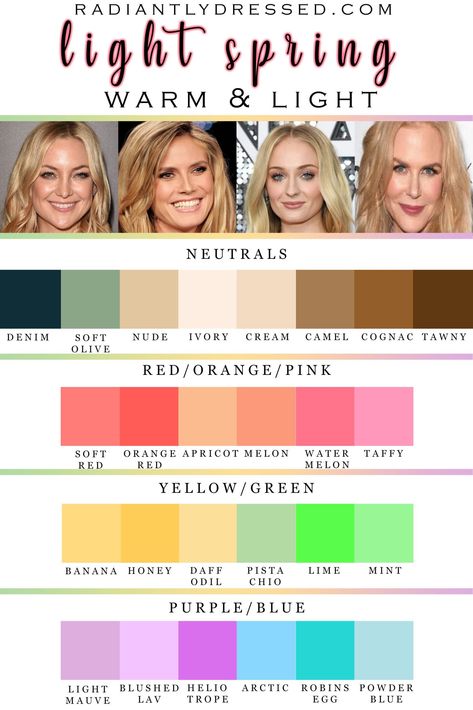 Colour Analysis Spring Clothes, Light Spring Color Palette Clothing, Light Spring Color Pallete, Colour Season Palette, Light Spring Color Palette Wardrobe, Types Of Spring Color Palette, Cool Spring Colour Palette, Classic Spring Palette, My Color Palette Clothes