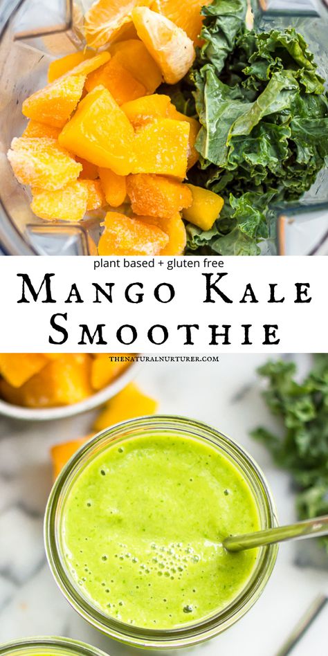 This Mango Kale Smoothie is the ultimate healthy breakfast. Made with just 4 ingredients, this green smoothie recipe is easy, delicious, and the perfect way to start your day. #veggieloaded #vegan #plantbased #glutenfree #dairyfree Blueberry Mango, Kale Smoothie Recipes, Smoothies Vegan, Mango Smoothie Recipes, Veggie Smoothies, Green Smoothie Recipe, Kale Smoothie, Smoothie Drink Recipes, Vegan Drinks