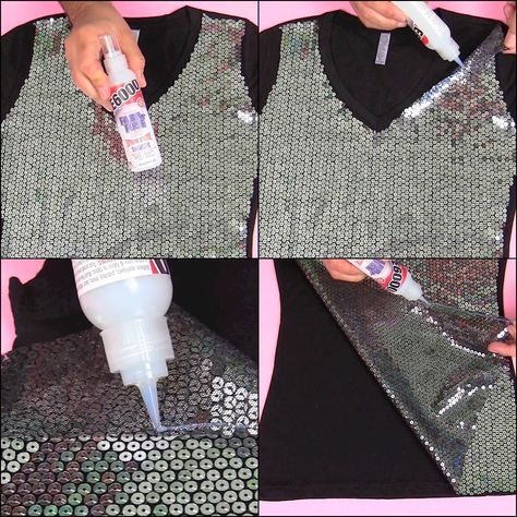 Diy Sequin Shorts, Diy Sparkly Top, Adding Sequins To A Shirt, Sequin Diy, Diy Sequin Top, How To Sew Sequin Fabric, Black Sequined T-shirt For Party, Cheap Fitted Sequin T-shirt, Sequins Diy