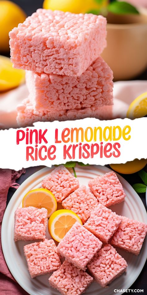 Lemonade Rice Krispie Treats, Pink Lemonade Rice Krispie Treats, Fruit Treats For Party, Pink Desserts Birthday, Summer Rice Krispie Treats, Rice Krispie Treat Recipe Ideas, Rice Krispie Flavors, Pink Stuff Dessert, Flavored Rice Krispie Treats