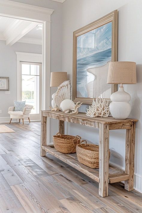 Boho Entryway Ideas, Coastal Foyer, Coastal Console, Beach House Entryway, Seashell Decorations, Colored Palette, Boho Entryway, Coastal Entryway, Beach House Interior Design