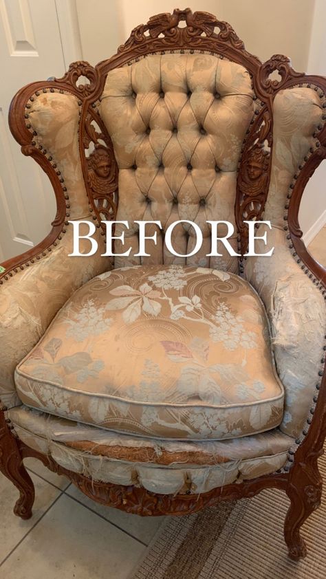 Antique Chairs Reupholstered Fabric, Antique Upholstered Chairs, Upholstered French Chairs, Reupholster Tufted Chair, Reupholstered Chairs Before And After, Reupholstered French Chair, Reupholster Victorian Chair, Deconstructed Chair Diy, Victorian Sofa Reupholstered