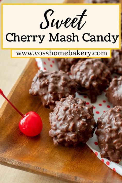 close up of chocolate candy on a plate and a cherry sitting next to the candy. Text at the top of the photo reads "Sweet Cherry Mash Candy" and it also includes the website to find the recipe that reads "vosshomebakery.com" Cherry Chips Recipe, Joanna Gaines Cherry Mashers Candy, Old Fashioned Cherry Mash Chocolates, Aunt Mary’s Cherry Mashers, Cherry Mashers Joanna Gaines, Cherry Bing Bars Recipe, Cherry Truffles Recipe, Cherry Mashers Candy, Wisconsin Fairy Food