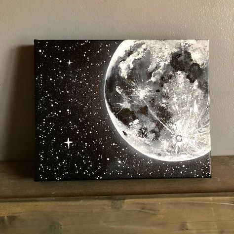 Excited to share this item from my #etsy shop: Moon and Stars Acrylic Painting • Home Accents • Cosmic Home Decor • Black and white painting gray • Wall Decor • Made to Order #moonpainting #starspainting #cosmicpainting #paintingofmoon #paintingofstars Black And White Galaxy Painting, Gray Room Decor Ideas, Black Canvas Moon Painting, Black Painting On Canvas, Room Decoration Drawing, Moon Drawing Canvas, Painting Ideas In Black Canvas, Black And Gray Painting Canvas, Black White Art Painting