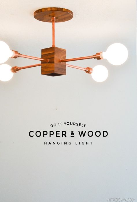 DIY Wood and Copper Hanging Light vintagerevivals Copper Hanging Lights, Wood Hanging Light, Luminaria Diy, Copper And Wood, Copper Pipe Fittings, Diy Copper, Lampe Diy, Copper Wood, Diy Lampe