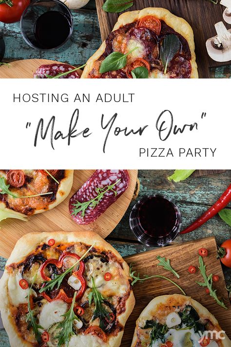 Host an Adult “Make Your Own” Pizza Party :: YummyMummyClub.ca Diy Pizza Night Party, Individual Pizza Party, Create Your Own Pizza Bar, Diy Pizza Party Ideas, Diy Pizza Bar Party Ideas, Pizza Party Toppings, Pizza Party Ideas Entertaining, Pizza Night Ideas Parties, Ooni Pizza Party