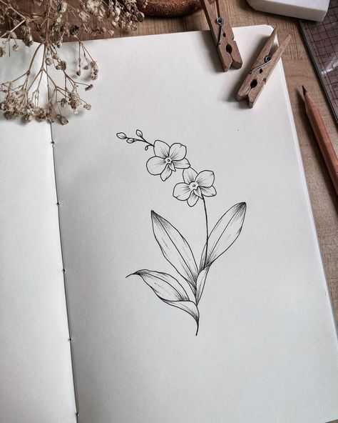 #floralinspiration • O is for Orchid, which means refined beauty. 💜 I’ve included a little clip to show you how I draw the leaf. Swipe to … | Instagram Simple Orchid Drawing, How To Draw Orchids, Orchid Line Art, Orchid Drawing Simple, Orchid Line Drawing, Orchid Stencil, Orchid Outline, Orchids Drawing, Orchid Sketch