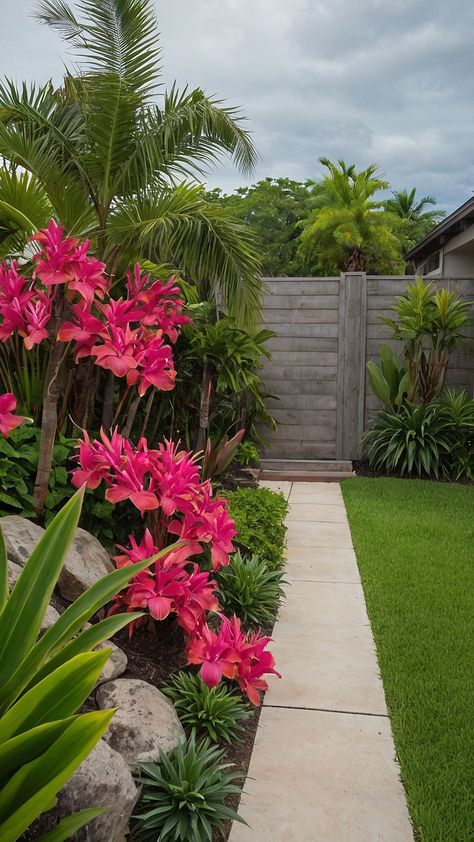 Hawaiian Backyard, Tropical Landscape Ideas, Florida Plants Landscaping, Florida Patio, Florida Landscaping Ideas, Tropical Landscaping Ideas, Balinese Garden, Tropical Landscape Design, Florida Landscaping