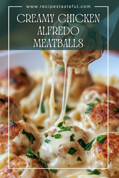 These creamy chicken Alfredo meatballs are a deliciously comforting dish, combining tender meatballs with a rich and velvety Alfredo sauce. Perfect for serving over pasta or with garlic bread, it's a family favorite that will please everyone at the dinner table. Chicken Meatball Alfredo, Chicken Meatballs Cream Sauce, Chicken Alfredo Meatballs, Creamy Chicken Meatballs, Meatball Alfredo Pasta, Sauce For Chicken Meatballs, Meatballs And Alfredo Sauce, Meatballs With Alfredo Sauce, Chicken Meatballs And Pasta