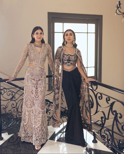 Sharara From Saree Ideas, Saree For Night Wedding Function, Outfit Ideas For Sister's Wedding, Indo Western Sharara Outfit, Indo Western Skirt Outfits, Engagement Outfit For Bride Sister, Indian Wedding Wear For Sister, Lehenga For Groom's Sister, Indo Western Wedding Outfits Women