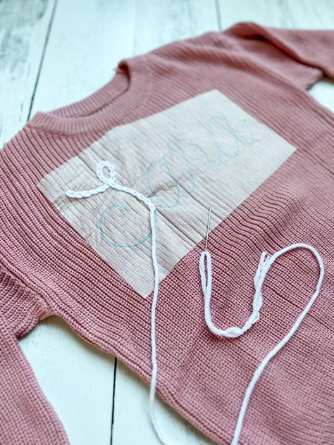 Embroidery With Yarn Stitches, Diy Chunky Embroidered Sweater, Embroidery On Knit Blanket, Name Stitched Sweater, Knit Embroidery Sweater Name, Hand Stitch Monogram, Chunky Hand Embroidery, How To Embroider Chunky Sweater, Embroidery On Blankets Ideas