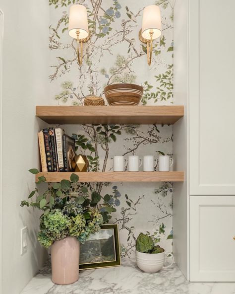 Beautiful and practical! ✨This butler’s pantry oozes elegance with wallpaper and white oak open shelves. We’ve also created an hidden coffee bar for maximum function. Swipe through to view the full space. Design: @katesavitchdesign Remodel: @totaldevelopmentsllc Wallpaper Install: @clydehillpainting Photos: @picsfromagirl @claritynorthwest Styling: @emilylfp #kirkland #seattle #ksd #katesavitchdesign #kirklandinteriordesigner #interiordesigner #interiordesign #build #remodel #womenowne... Built In Shelves Kitchen Nook, Coffee Bar With Wallpaper, Wallpaper Behind Bar Shelves, Floating Shelves With Wallpaper, Wallpaper Butlers Pantry, Butlers Pantry Wallpaper, Pantry With Wallpaper, Pantry Wallpaper Ideas, Wallpaper Behind Shelves