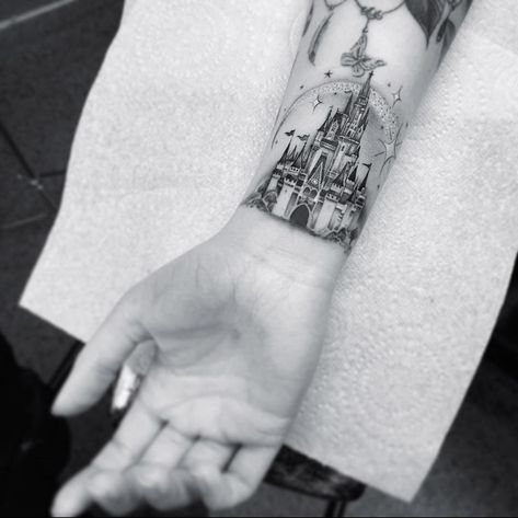 Disney Castle Sketch Tattoo, Princess Castle Tattoo, Cinderella Castle Tattoo, Walt Disney Tattoo, Disney Tattoo Sleeve, Disney Castle Tattoo, Tattoo Vision Board, Hertfordshire England, Disney Sleeve Tattoos