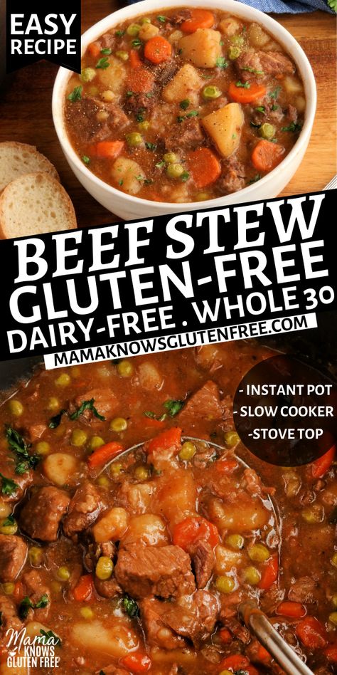 Gluten-free beef stew in a white bowl with bread and a pot of beef stew with a ladle. Soy Free Dairy Free Recipes, Gluten Free Beef Stew, Gluten Free Dairy Free Recipes Dinner, Instant Pot Ground Beef, Gluten Free Dairy Free Dinner, Gluten Free Crock Pot Recipes, Easy Beef Stew Recipe, Gluten Free Instant Pot, Dairy Free Recipes Dinner