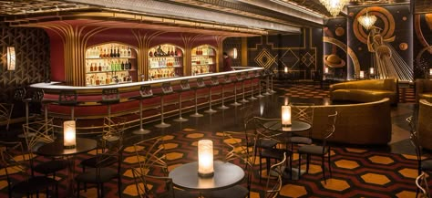 “The strongest influence for me was the bar that you see The Shining,” the designer says. “We wanted to reflect the relationship that Jack Nicholson has with the barman.” Dyas also gave a nod to the Kubrick film with the David Hicks–inspired carpet. Passengers Movie, Overlook Hotel Carpet, Sci Fi Wall, Deco Bar, Hotel Carpet, Overlook Hotel, Art Deco Bar, Art Deco Interior Design, Art Deco Buildings