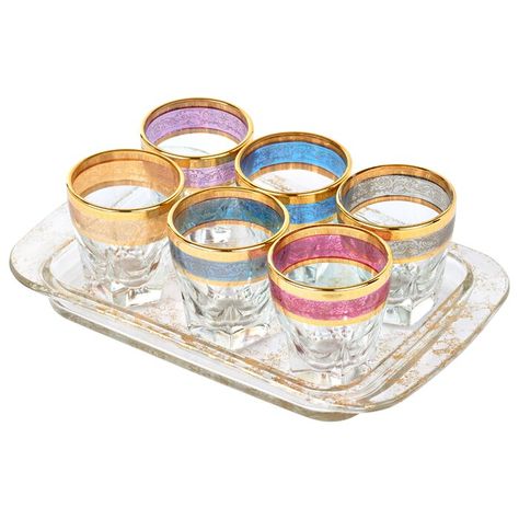 Lorren Home Trends 7-Piece 2 oz. Shot Glass Set | Wayfair Glasses Fit, Serveware Entertaining, Shot Glass Set, Tray Set, Blue Gift, Glassware Set, Home Trends, Gold Accent, Shot Glasses