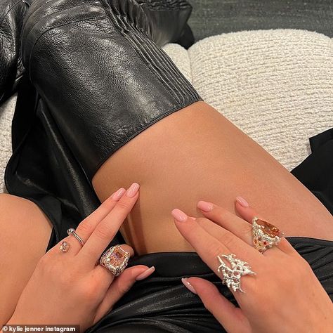 Blingy babe: At one point The Kardashians star pulled up the hem of her dress to show more of her bare thigh while wearing several sparkling rings and showing off a light pink manicure Kylie Jenner Jewelry, Kylie Jenner Rings, Kylie Jenner Nails, Kylie Jenner Instagram, Kyle Jenner, Pink Manicure, Kylie J, Black Leather Dresses, Scorpio Moon