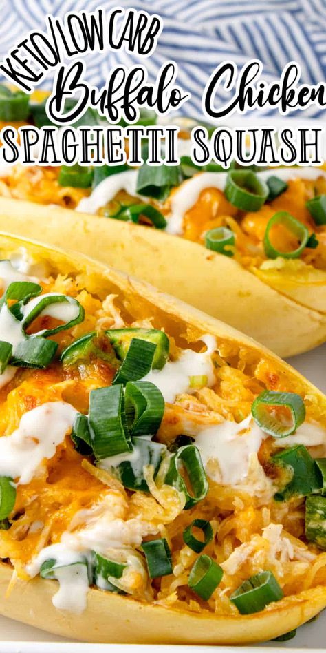 This delicious Buffalo chicken spaghetti squash recipe is a healthy and flavorful way to enjoy your favorite comfort food. It's easy to make and perfect for a weeknight meal. The tender spaghetti squash is combined with shredded chicken, a zesty Buffalo sauce, and topped with shredded cheese. This delicious recipe is hearty and satisfying, but still light and nutritious and perfect for a weeknight dinner. It's sure to become a new family favorite! Spaghetti Squash And Chicken Recipes Healthy, Shredded Chicken Spaghetti Squash, Steak Spaghetti Squash, Buffalo Spaghetti Squash, Low Carb Buffalo Chicken Recipes, Spaghetti Squash And Chicken Recipes, Chicken Spaghetti Squash Recipes, Spaghetti Squash Buffalo Chicken, Chicken And Spaghetti Squash