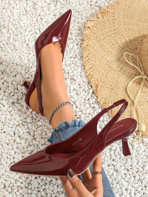 Trendy And Fashionable High Heels Women's Shoes Lady's Single Shoes With Hollow-Out Back | SHEIN USA Thigh High Sock Boots, Autumn Shoes Women, Pretty Heels, Burgundy Heels, Trendy Heels, Fashion Shoes Heels, Shoes Heels Classy, Burgundy Shoes, Heels Classy