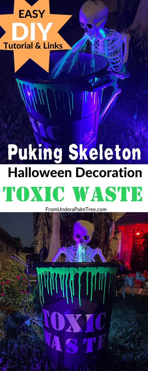 DIY Puking Skeleton Halloween Decoration > From Under a Palm Tree Skeleton Fountain Diy, Diy Skeleton Throwing Up, Puking Skeleton Decoration Diy, Skeleton Puking In Barrel, Toxic Waste Skeleton, Puking Skeleton Decoration, Diy Toxic Waste Barrel Skeleton, Skeleton Throwing Up In Barrel, Diy Halloween Skeleton Decorations