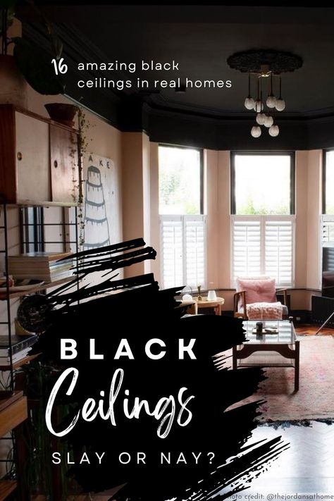 Black Ceilings slay or nay. 16 amazing black ceilings in real homes. Background photo of a Victorian living room with high black ceiling and light pink walls and a large bay window. Black Ceiling Tan Walls, Black Ceiling Paint Colors, Black Ceiling With White Walls, Living Room Dark Ceiling, Black Ceiling Dining Room Ideas, Dark High Ceiling Living Rooms, Ceiling Same As Wall Color, Dark Ceilings And Walls, White Wall Black Ceiling